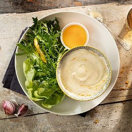 Vinagreta cremosa ajo tostado, naranja y jerez